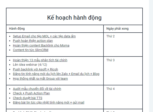 Kế hoạch hành động chi tiết của nhân viên Marketing