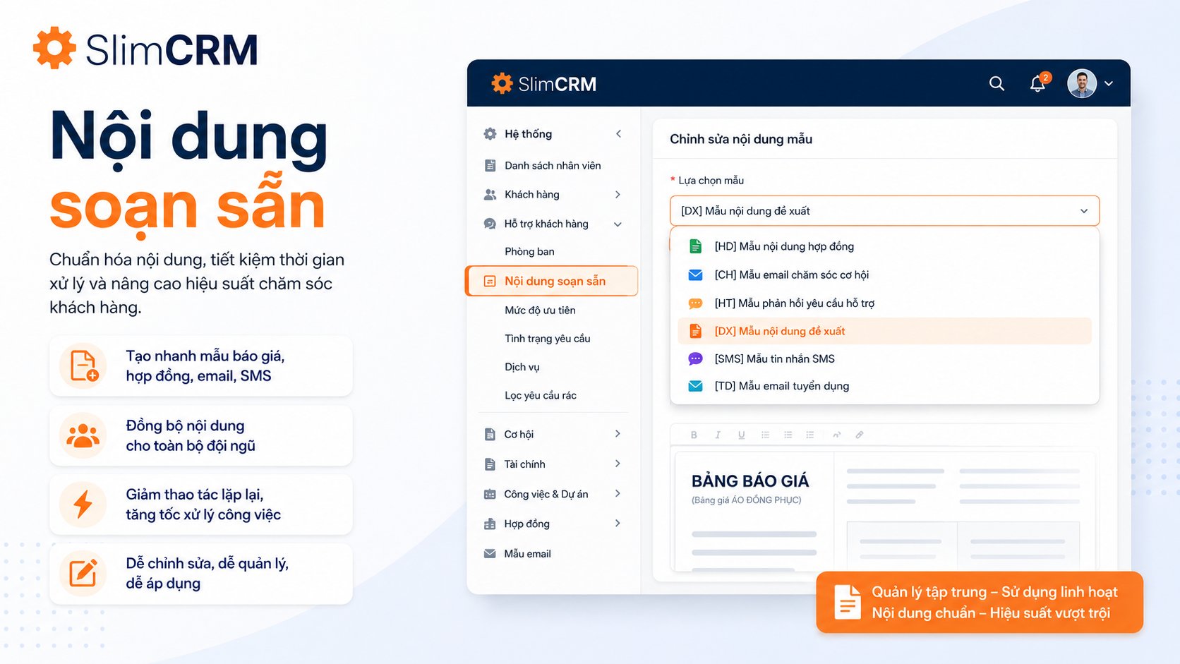 SlimCRM Tối Ưu Báo Giá Tăng Tốc Chốt Sales Nhờ “Nội dung mẫu soạn sẵn”